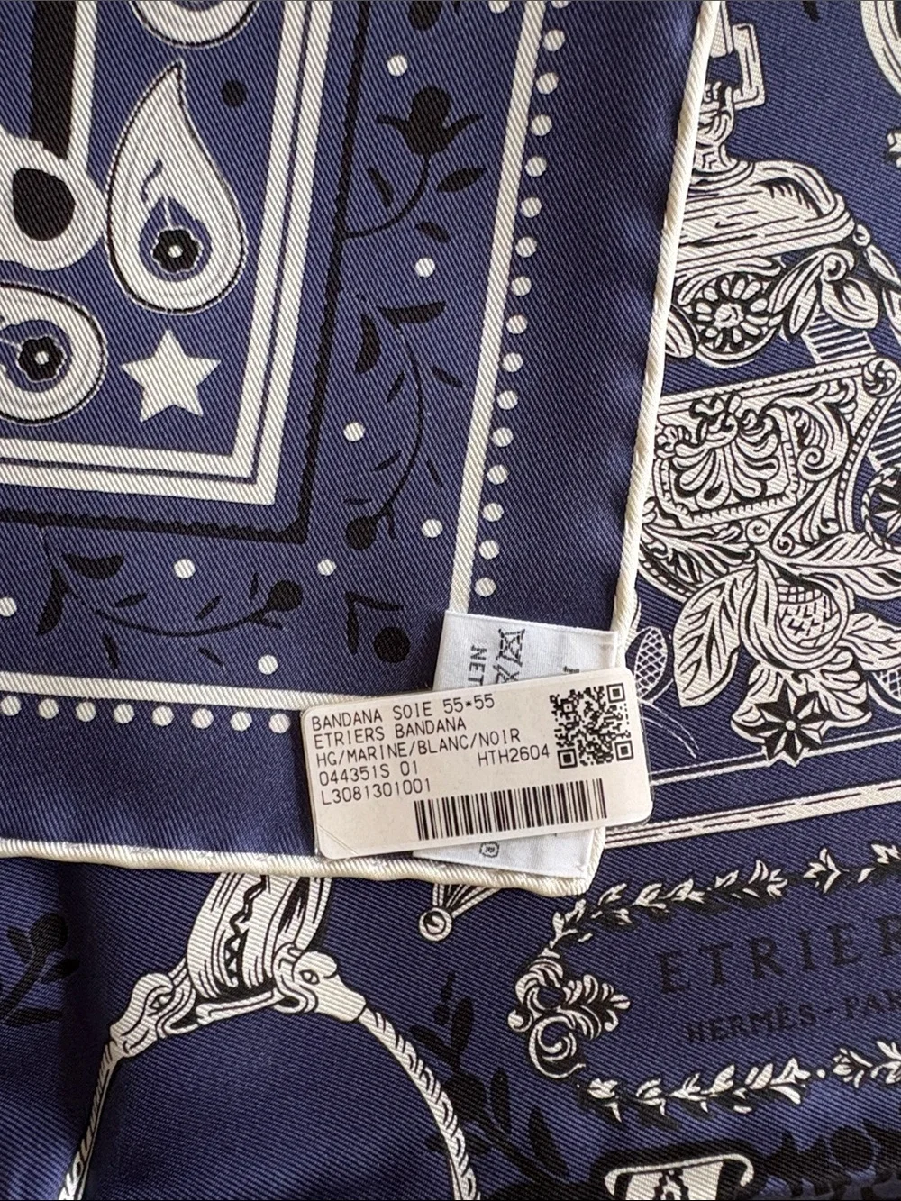 Hermes Navy Blue and White Equestrian Print Silk Scarf  Etriers Remix bandana 55